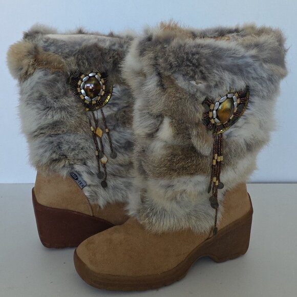 NIS | Beaded Rabbit fur boots Suede Rubber Outer Sole Italian Sz 36 - Picture 2 of 6